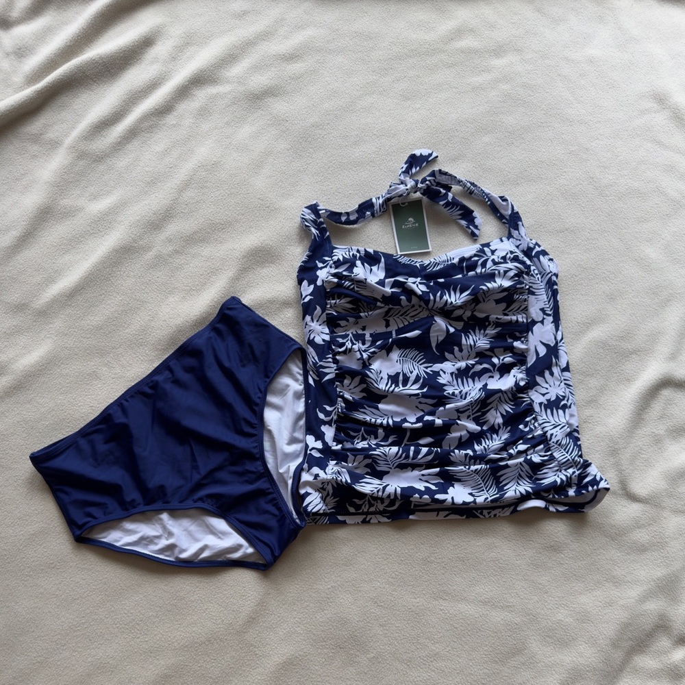 Blue and White Floral Swimsuit Set